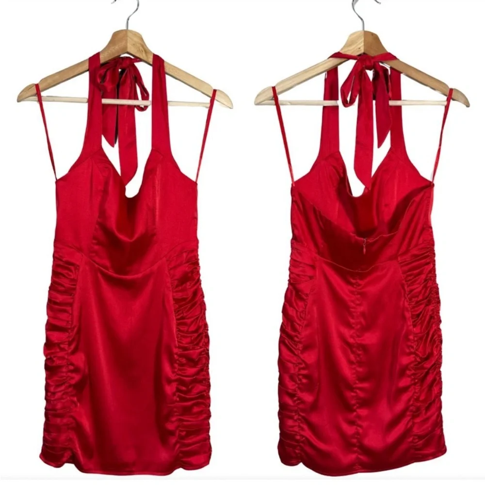 SAINTS + SECRETS NWT Red Satin Halter Ruched Mini Dress Bodycon Size 10 - Picture 2 of 13